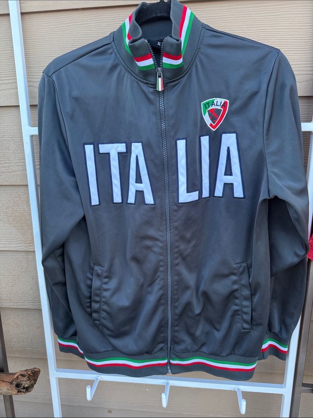 "Italia" Drk grey all embroidered Track zip Jacket Tricolor Trim Mens XL Unisex